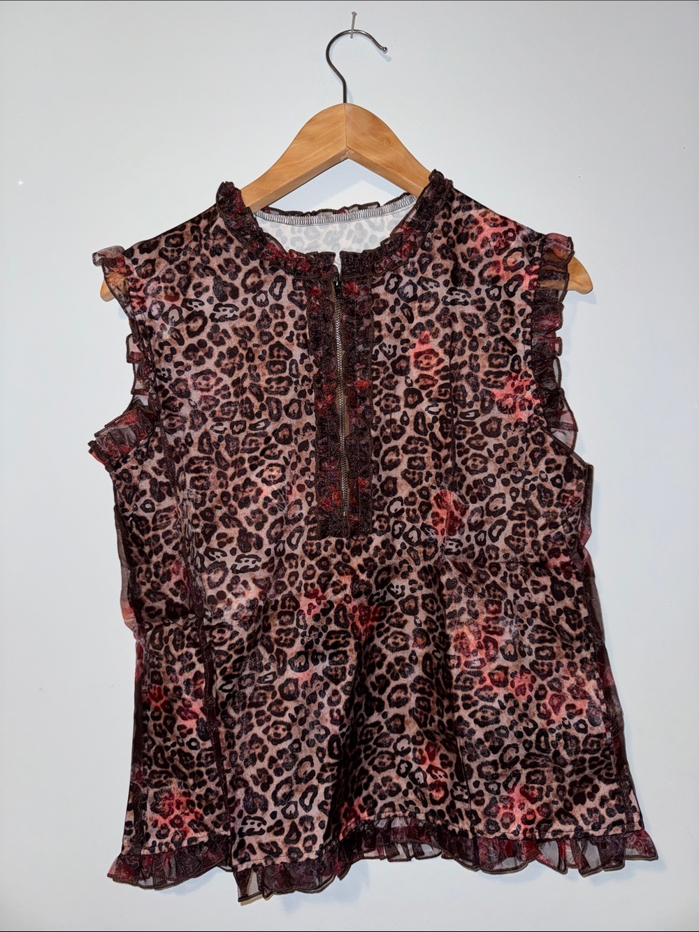 Sleeveless Leopard Print Ruffle Top - Brown